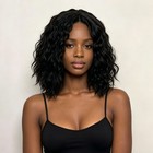 Women Black Medium Deep Wave Wig African Style Middle Part Synthetic Full Wig