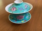 Rare  gaiwan  Traditional Chinese Jade Famile Rose Porcelain Lidded Tea Cup Set