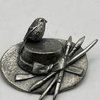 Vintage Pewter Brooch Artist Hat Paintbrushes Bird Signed Mb Artisan Painter Pin