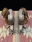 Unique Mexican Charro Silver Inlaid Engraved Spurs W  Leather Straps