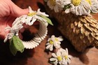 Rare Miriam Haskell Glass Beaded Daisy Headband Cuff Bracelet   Earrings Set