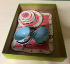 Vintage Ohio Art Child   s Tin Tea Set 17 Pc Blue Poodle Tray Cups Plates Complete
