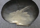Antique Carved Nacre Lip Shell Etching Maritime Sailboat Sea Scene W  Stand