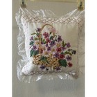 Hand Embroidered Accent Pillow Cross Stitch Flower Basket