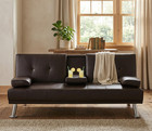 New Modern Faux Leather Futon Sofa Bed  Convertible Couch W Cup Holders Espresso