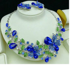 Jewwelry Set-necklace 3pcs Set  Flower Design Blue  Glass Rhinestones