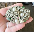 Vtg Florenza Flower Basket Trinket Box W lid Pearls   Rhinestones missing Stone 