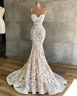 Champagne Lace Mermaid Wedding Dresses Spaghetti Starps Sweep Train Bridal Gowns