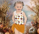 Girls Thanksgiving One Piece Swimsuit  Turkey Pumpkin Leaves  Teens  Toddlers  1