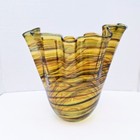 Handkerchief Ruffle Handblown Glass Vase Wavy Amber Brown Striped Mcm Style 8 