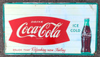 Vintage Lg 56x32 Metal Coca Cola Soda Pop Bottle Fishtail Graphic Sign Coke