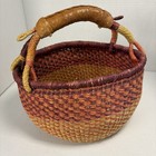 African Market Basket Ghana Bolga 10  Hand-woven  Leather Handle Earth Colors