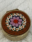 Vintage Micro Mosaic Trinket Pill Box Colorful Flowers Red Background Excellent