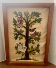 Vintage 60s 70s Owls In A Tree Embroidery Crewel Framed Wall Hanging 17x24   