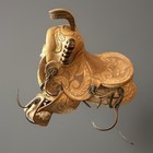 Vintage Western Mini Leather Saddle Cowboy Ranch Decor Shearling Tooled 6   x4 5   