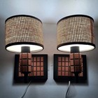 Vintage Wall Sconce Pair Mcm Light Fixture Plug In Wood Metal Rattan Paper Shade