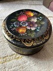 Antique Tin Metal Box Container England Case Black Gold Floral Flowers Colorful   
