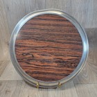 Vintage 14  Round Pewter And Wood Grain Formica Serving Tray Platter Mcm Barware