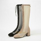 Women s Mesh Square Toe Knee High Boots Lace Up Mid Block Heel Casual Shoes New