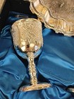 Shabbat Kiddush Goblet   Tray Set W  Box Silver Plated Engraved Grapes Vintage