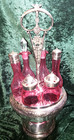 Antique Shrade Caddy Cruet Castor Set Silverplate 6 Cranberry Thumbprint Bottles