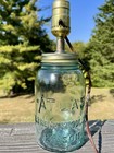 Vtg Atlas Strong Shoulder Mason Jar    blue Green Glass Fruit Lamp    bubbles Unique