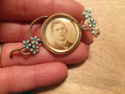 Antique Gold Tone Mourning Photo Brooch  Turquoise Flower Stones