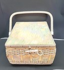 Vintage Full Floral Cloth Wicker Sewing Basket Handled 9x9x6  With Contents 