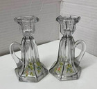 Heisey Glass Candlesticks Skirted Panel Handle Finger Lamps Cold Paint Floral 2