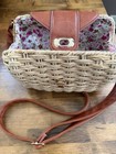 Woven Straw Crossbody Bag Brown Faux Leather Floral Lining Adjustable Strap