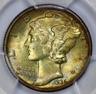 1936-d Mercury 10c Silver Dime Pcgs Ms 66 Toned