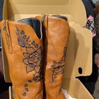 Women   s Leather Western Knee High Boots Embroidered Floral Pull On 9 5