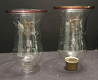 Pr Antique 9  Hurricane Lamp Shades Clear Hand Blown Flower Cut Ruby Flash Rims