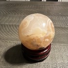 Polished Peach   White Banded Crystal stone Sphere Ball W  Wooden Stand