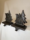 Pair Of Cast Iron Stocking Holders Holiday Houses With Trees Brown Metal