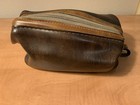Large Brown Vinyl Zip Vintage Toiletry Bag Travel Dopp Kit Yellow Lining 