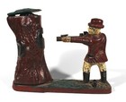 Nice Old Vintage Teddy And The Bear Mechanical Bank Cast Iron Polychrome Paint