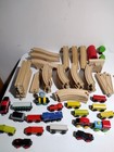 Large Lot Wooden Train Tracks Mixed Trains Cars - Thomas Ikea Brio - 70 Pieces