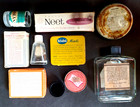 Lot 9 Vtg 1930s-40s-50s Medicine cosmetic Bottles Tins   Boxes W labels   Caps