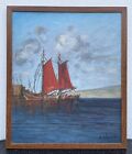 Antique Oil Painting Impressionist Fishing Boats Red Port Coast Sea Maritime