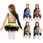 Us Yizyif Girls Disco Printed Unitard Mock Neck Asymmetrical Sleeve Ballet Dance