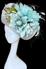 Silver Fascinator W 2 Magnolias  Aqua Feathers  Green Leaves And Pearl Stems