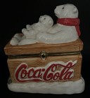 2002 Coca Cola Polar Bear Sledding Hinged Trinket Box Houston Harvest  Xmas