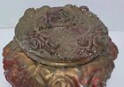 Vintage Antique Goofus Glass Gilt Rose 4 5  Vanity Powder Jar Trinket Box