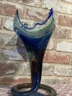 Hand Blown Art Glass Vase Vintage Cobalt Blue green Mid-century Swirl Base 11   