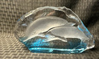Vintage Blue Art Glass Sculpture Of Dolphins In Ocean Etched-crafted In Taiwan