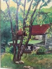 Antique Primitive Folk Art Painting Lush Green Landscape Forest House Trees