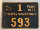 1935 Pennsylvania Resident Hunter Metal Tin License Plate  593 - Great Condition