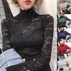 Women Turtleneck Blouse Floral Lace Long Sleeve Tops Hollow Sheer Shirt Pullover