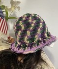 Handmade Crocheted Cloche Hat Purple Green Cream Checkered Scalloped Brim